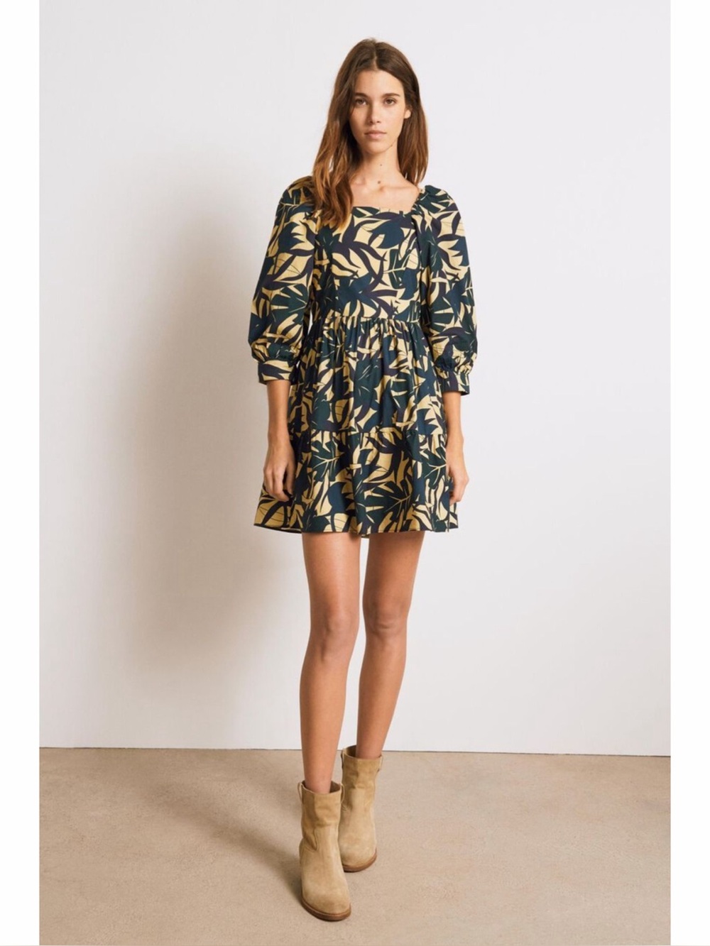 ba&sh Winny Dress Blue Floral Print Size M Smocked Puff Sleeve ✨FLAWED✨